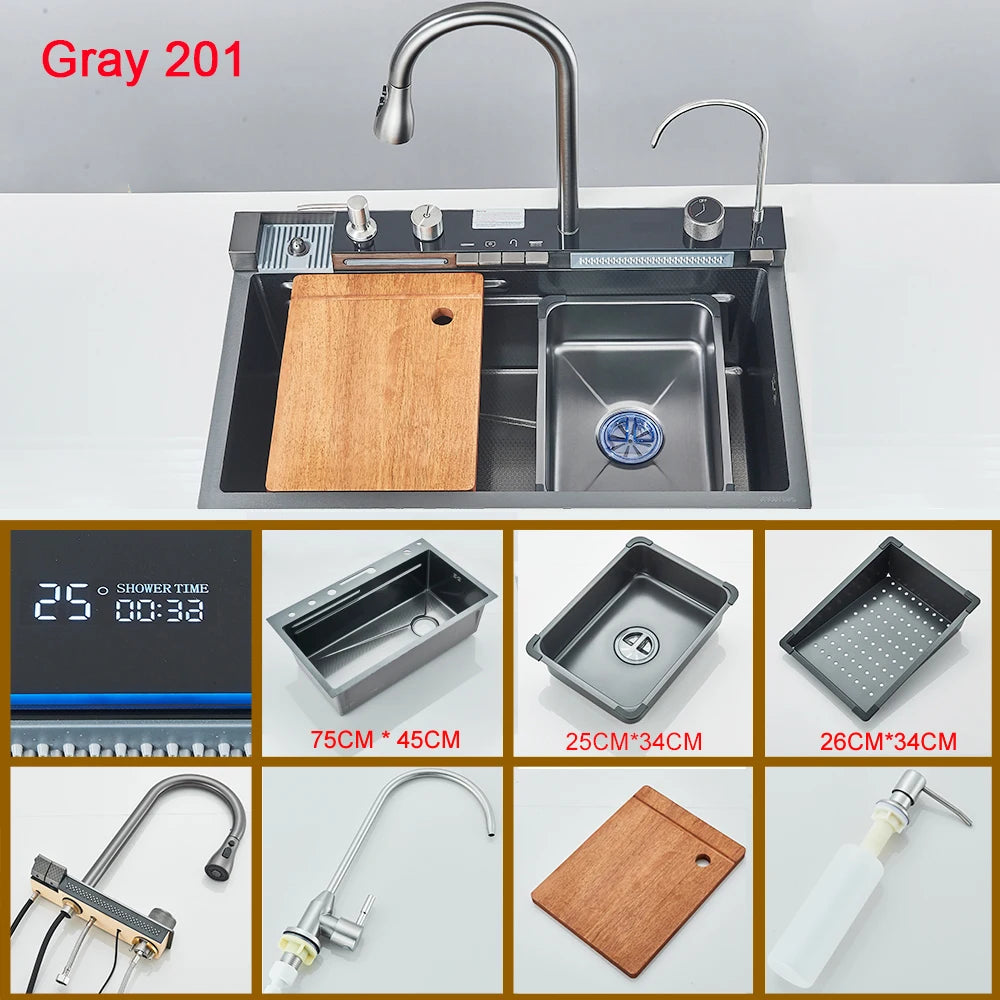 Waterfall Kitchen Sink with Digital Display, Stainless Steel