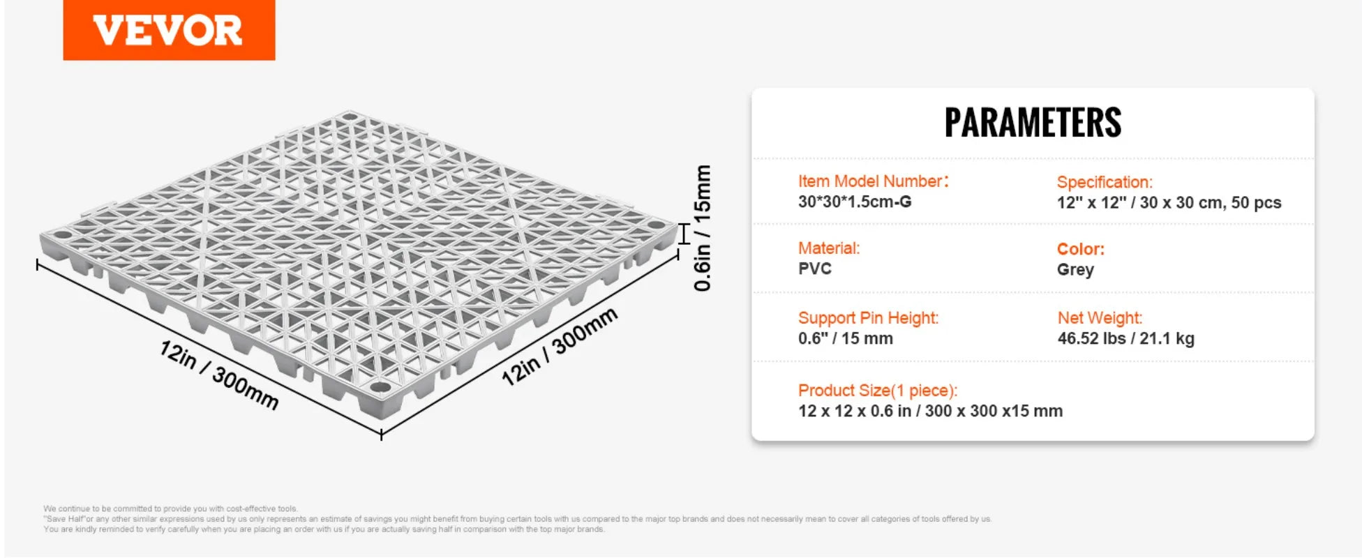 Interlocking Drainage Floor Tiles 12x12 Inch, Soft PVC Non-Slip Gray, 50-Piece Set