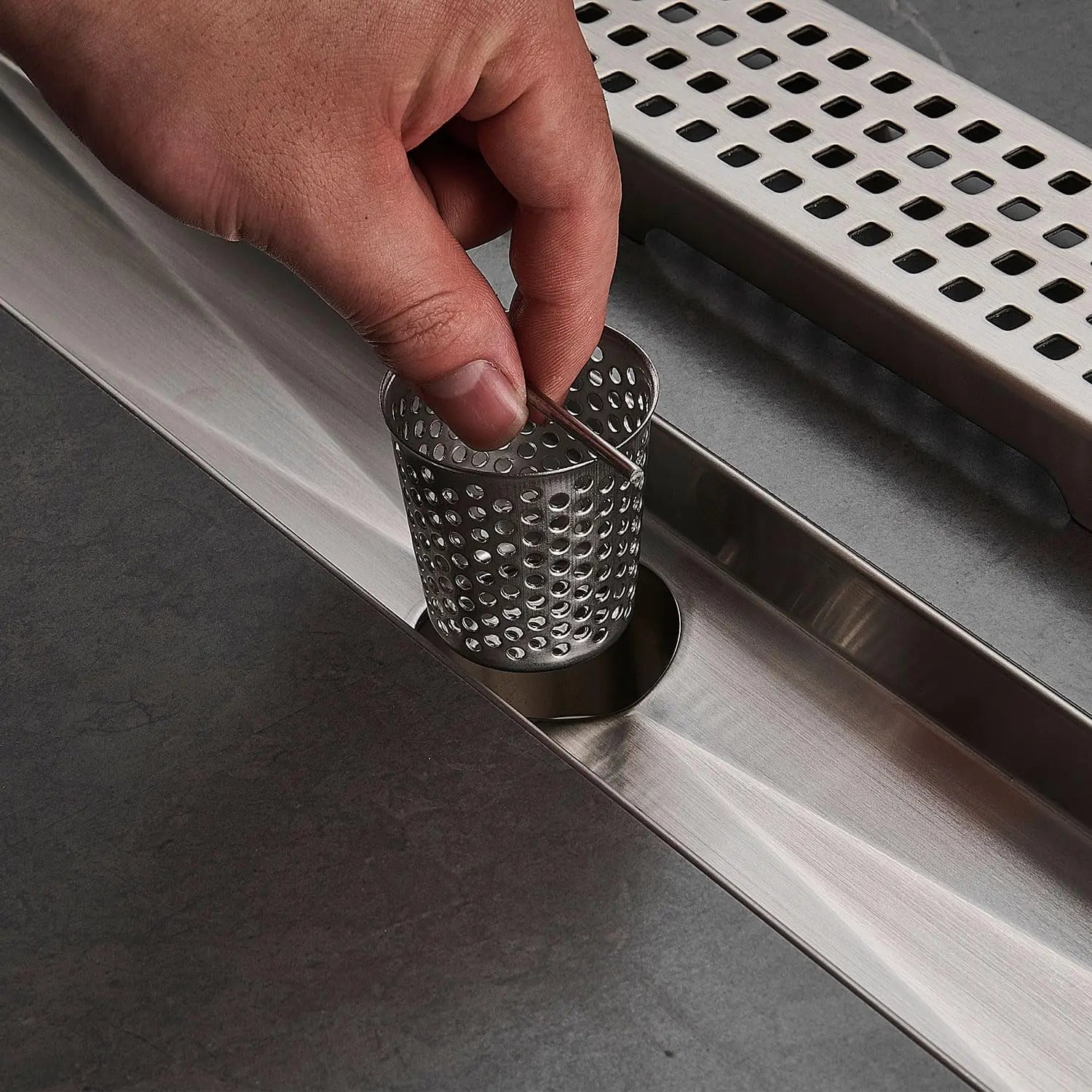 24 Inch Linear Shower Drain, Brushed Nickel Stainless Steel with Hair Catcher