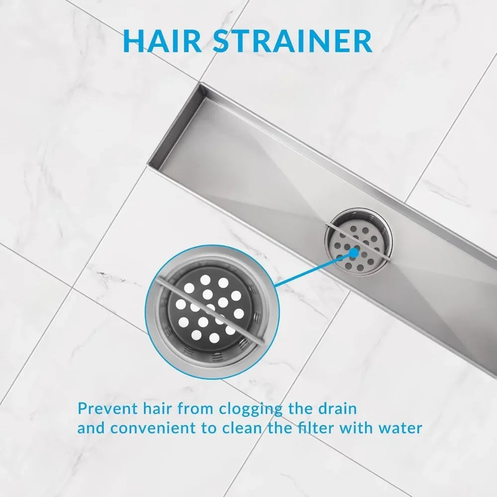 Linear Shower Drain with Removable Cover, Hair Strainer and Adjustable Leveling Feet
