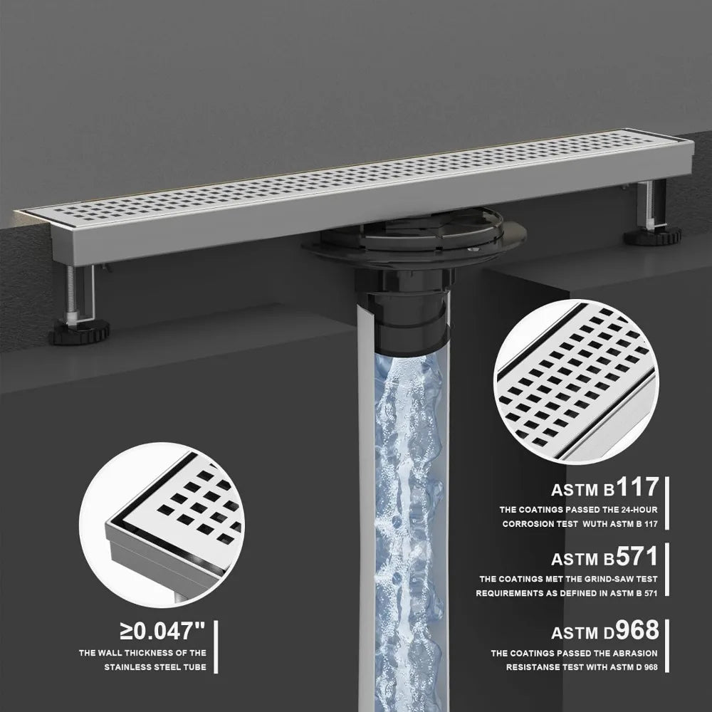 24 Inch Linear Shower Drain, Brushed Nickel Removable Grate and Adjustable Feet for Bathroom and Balcony