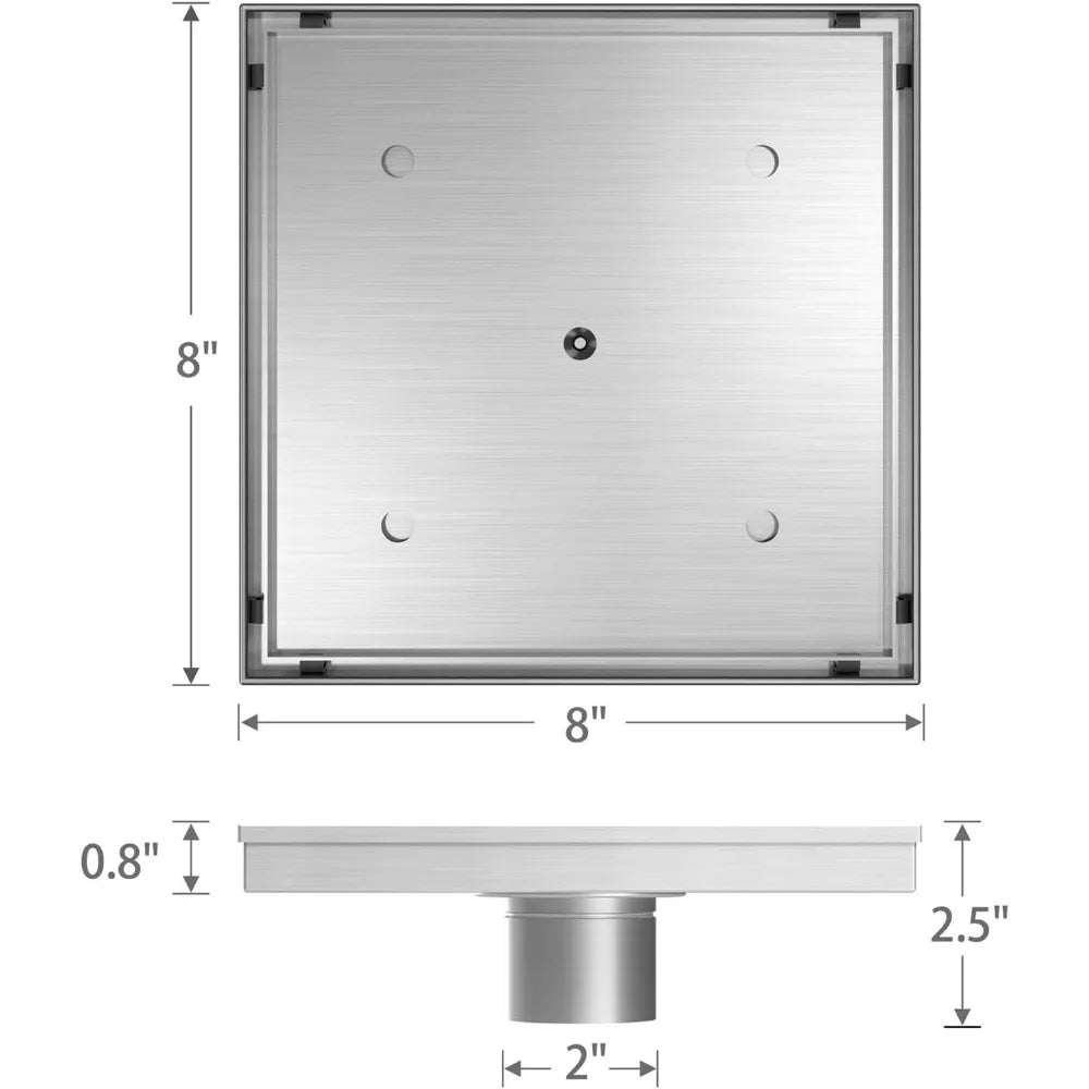 8 Inch Square Shower Drain with Removable Tile Insert Grate, Brushed Stainless Steel and Hair Strainer
