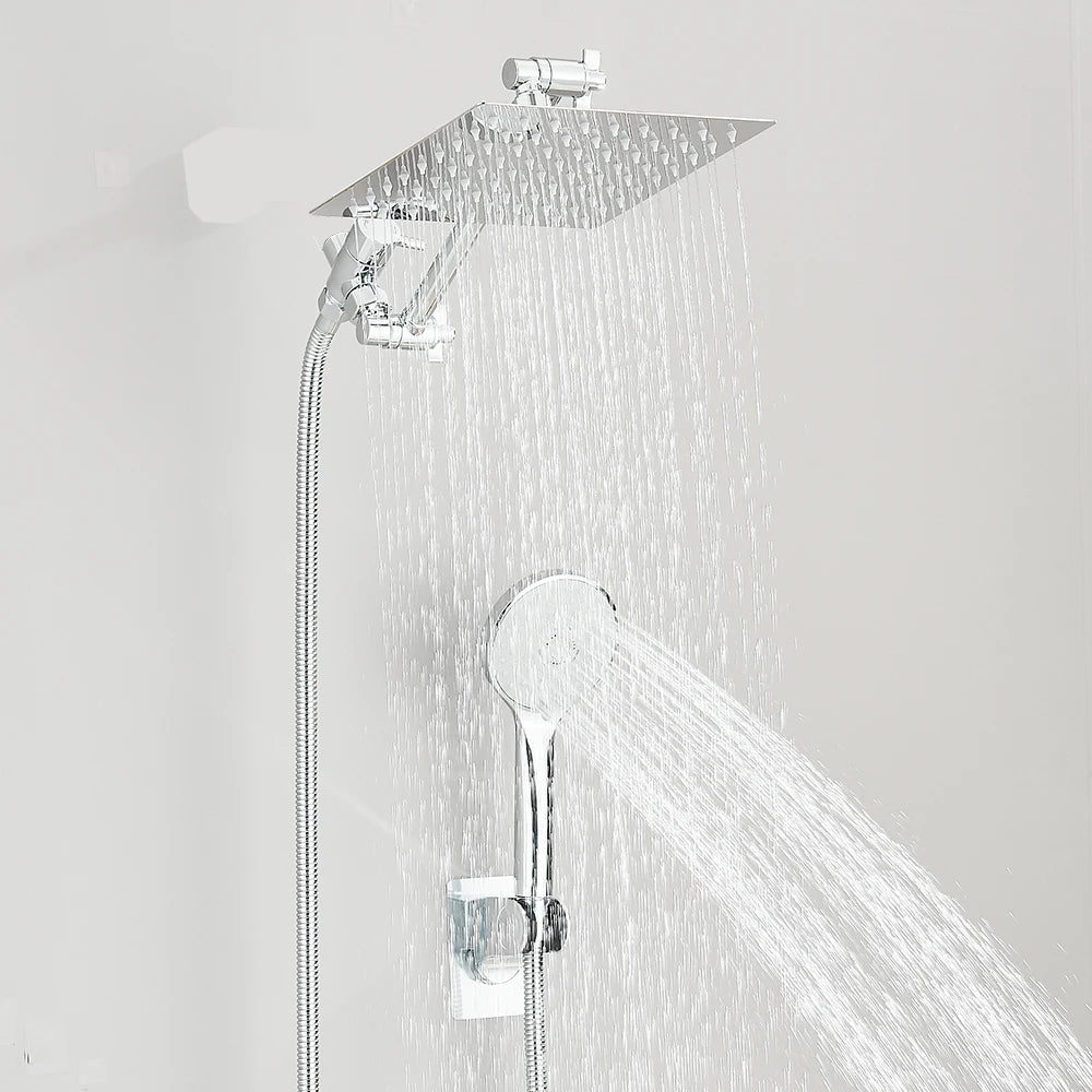 Rain Shower Head Combo 8–12 Inch with Adjustable Extension Arm and 3-Way Handheld Spray