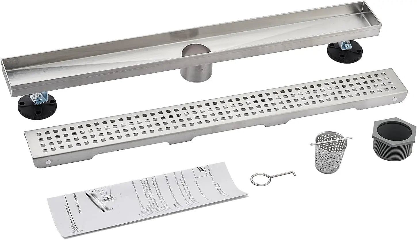 24 Inch Linear Shower Drain, Brushed Nickel Stainless Steel with Hair Catcher