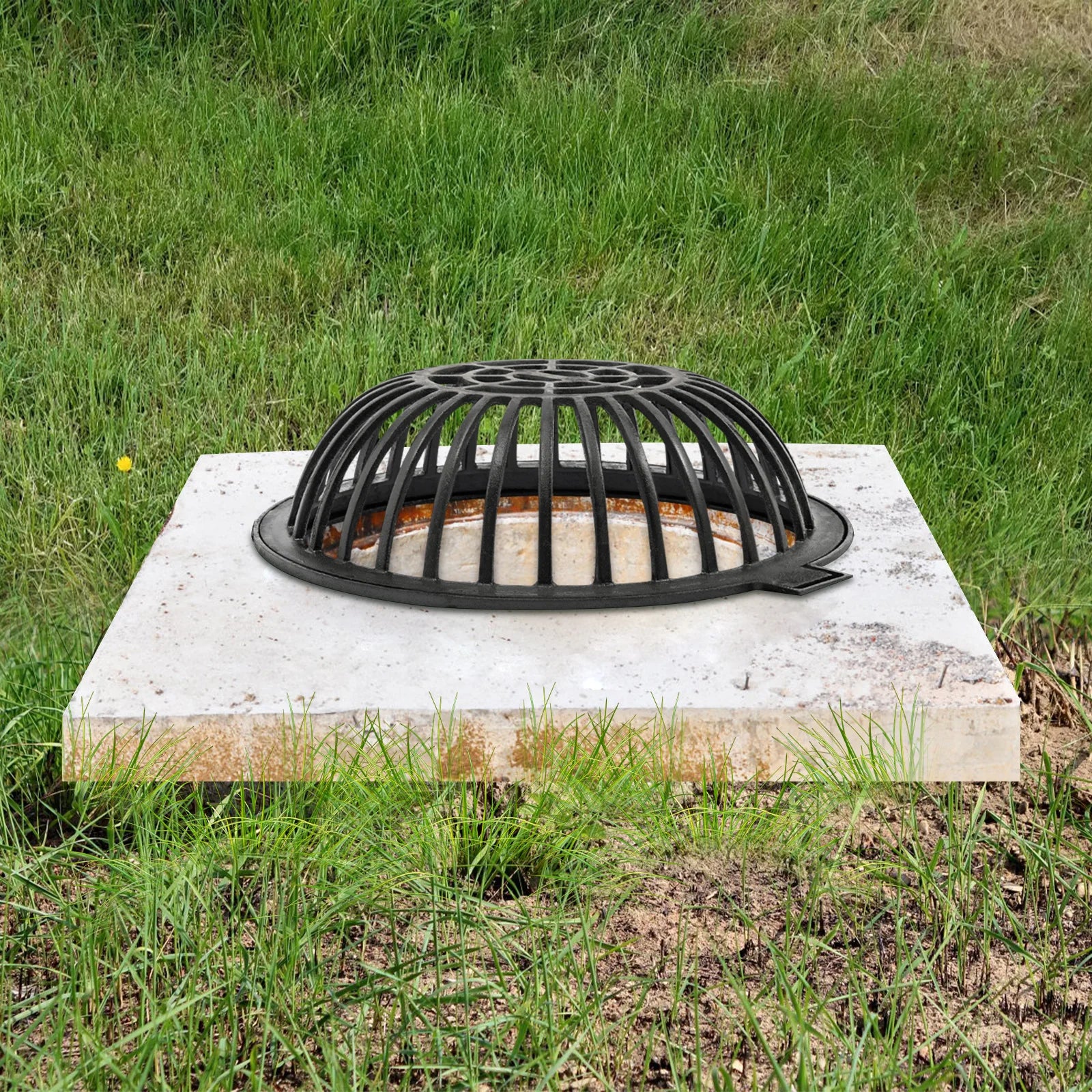 Round Dome Drainage Grate with Frame, Overflow Relief Gully for Garden, Yard and Lawn