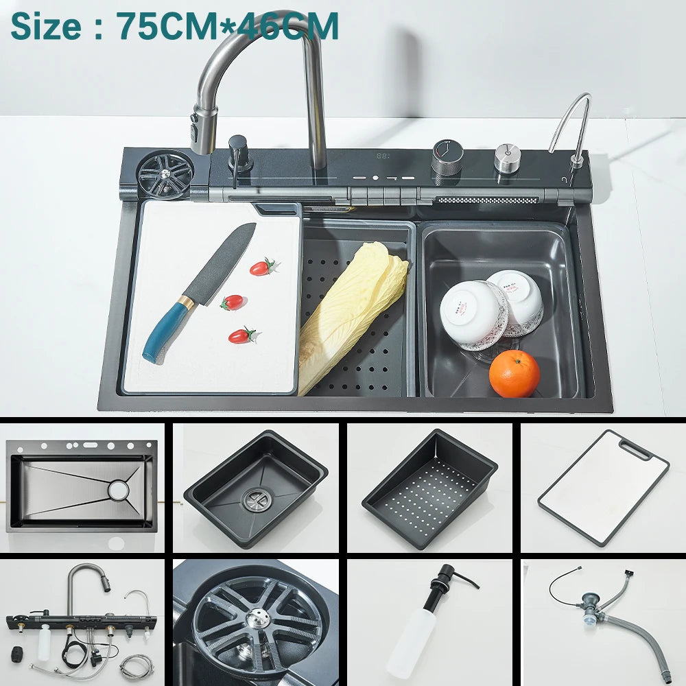 Waterfall Kitchen Sink with Digital Display, Stainless Steel