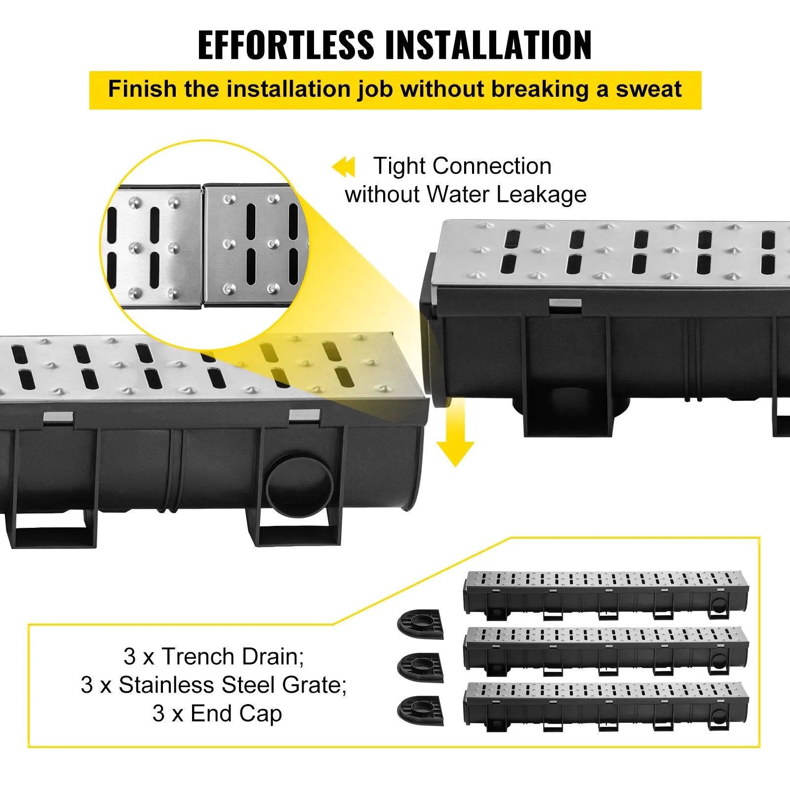 HDPE Trench Drain System 3x39 Inch with Metal Grate, 5.9x5.1 In Channel for Garage and Driveway