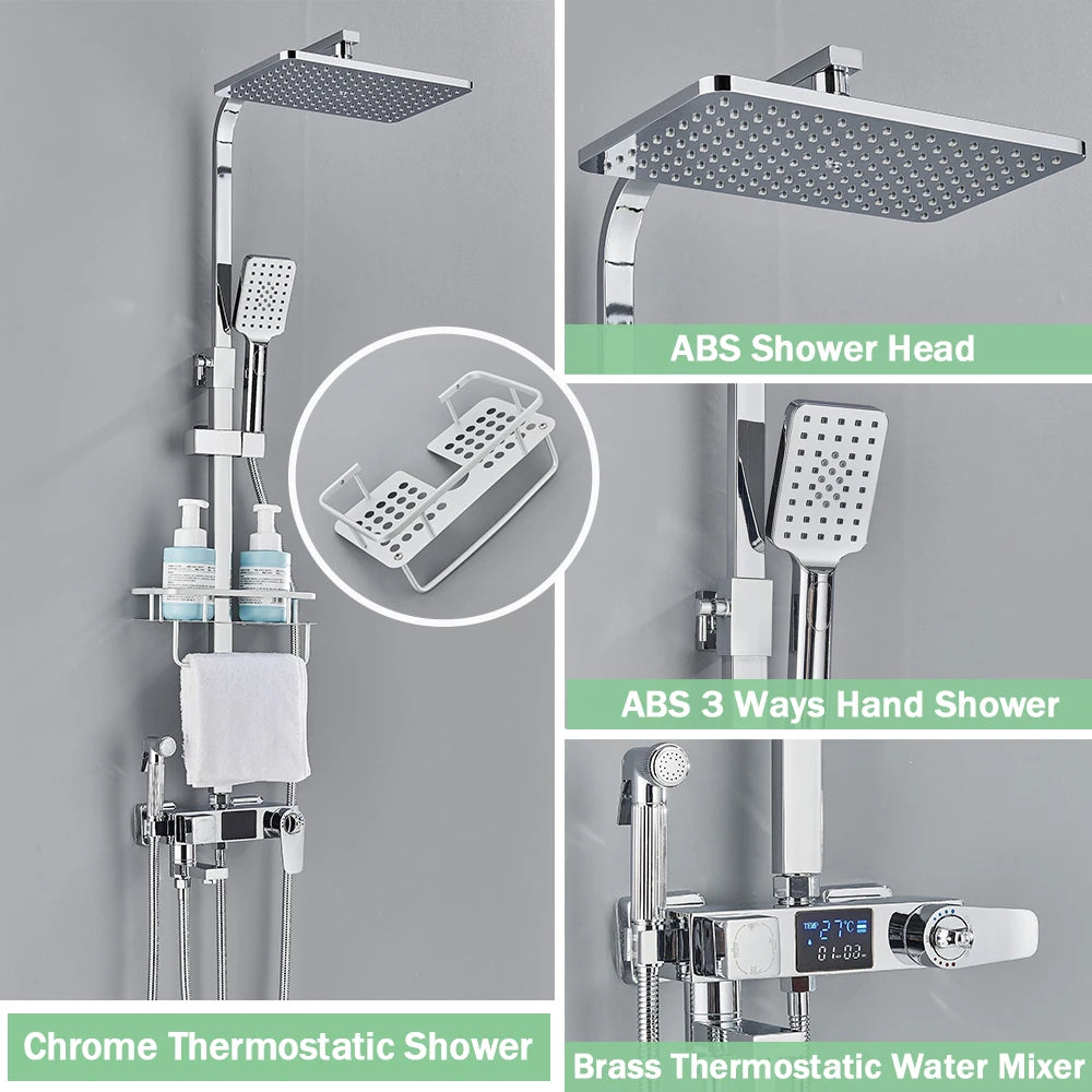 4-Way Thermostatic Shower Faucet with Digital Display and Shelf