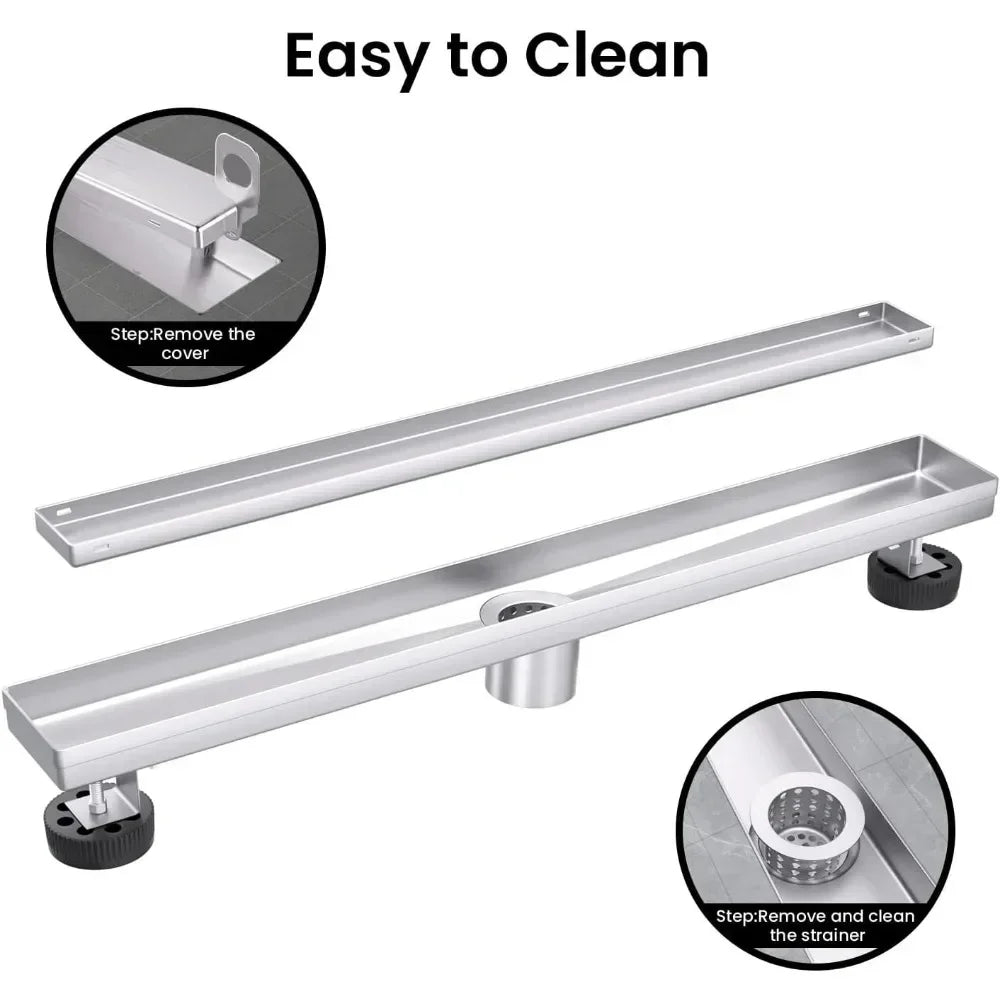 12 Inch Linear Shower Drain with Reversible Flat and Tile Insert Cover, Stainless Steel
