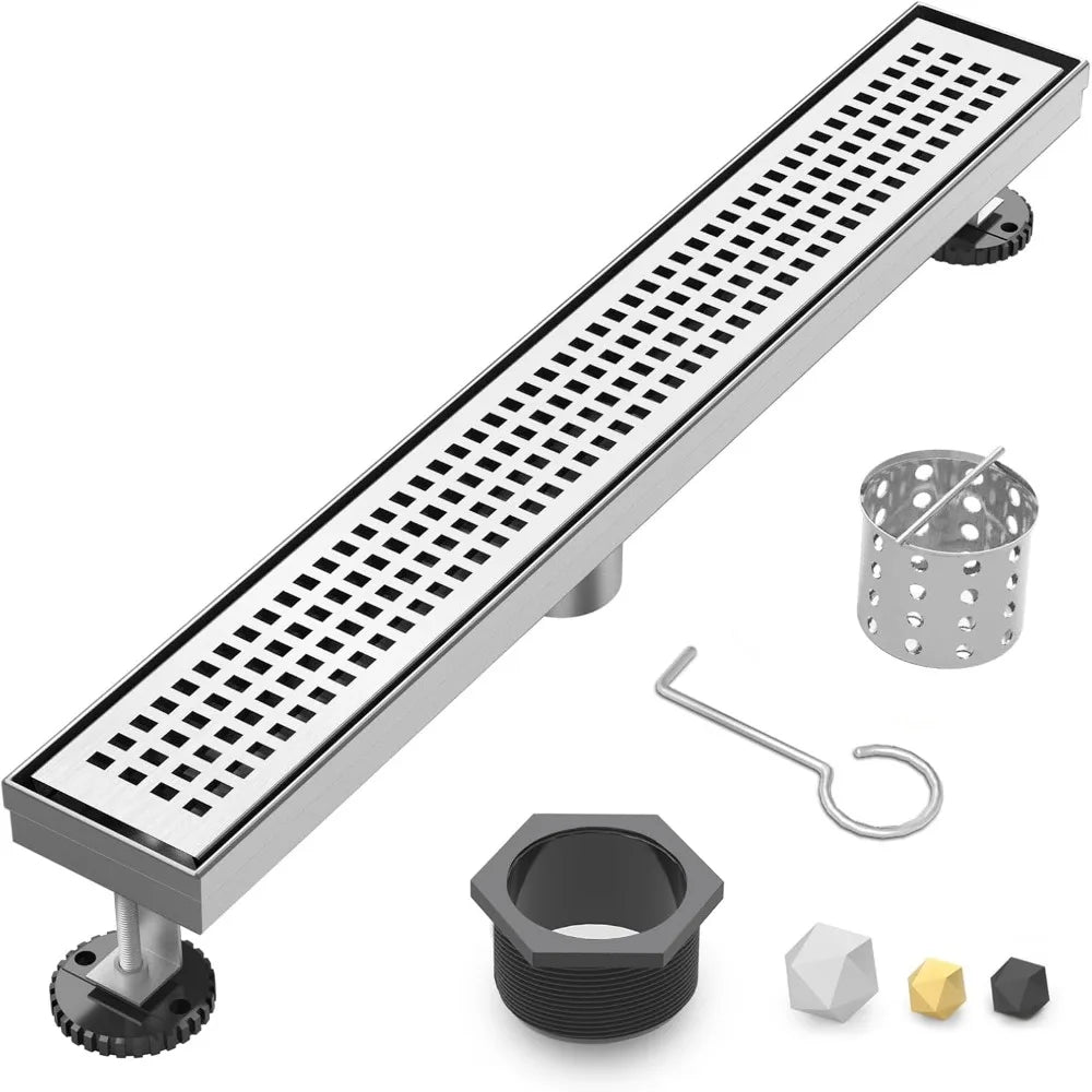 24 Inch Linear Shower Drain, Brushed Nickel Removable Grate and Adjustable Feet for Bathroom and Balcony