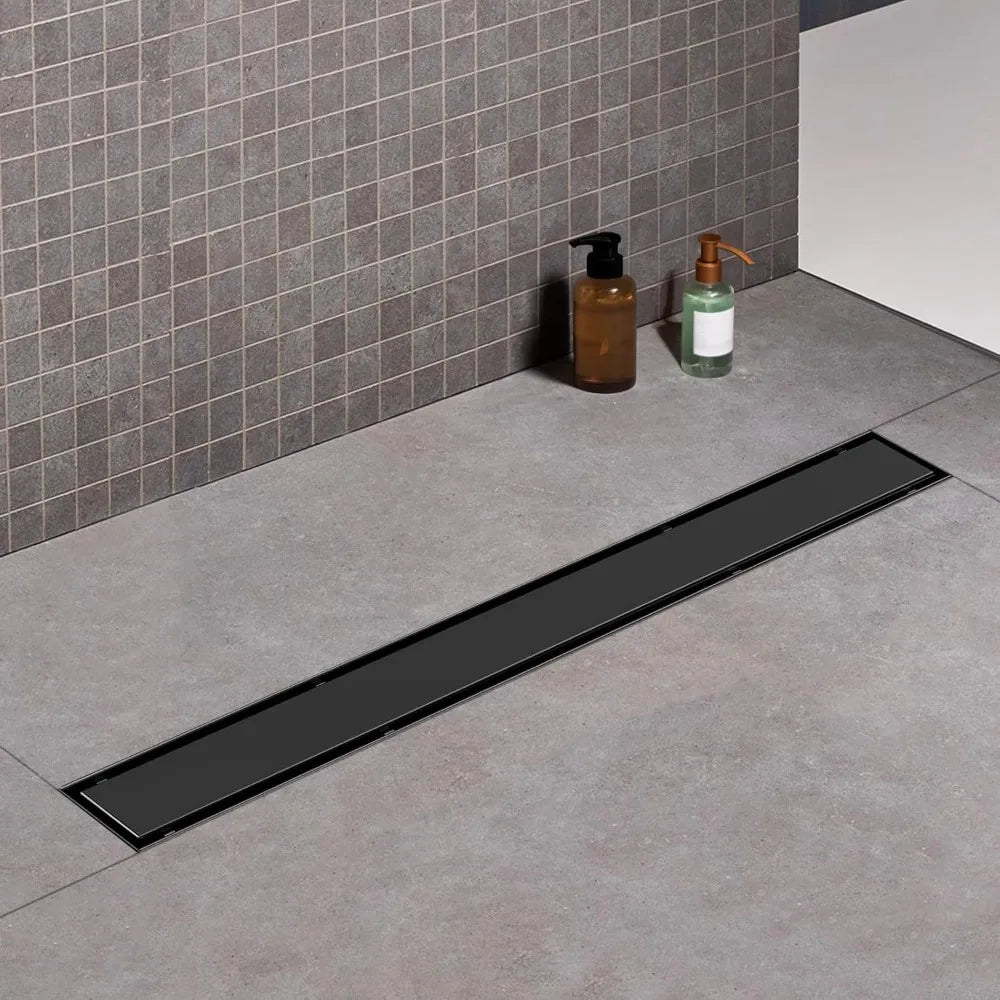 36 Inch Linear Shower Drain, Matte Black Side Outlet with Tile Insert and Hair Strainer