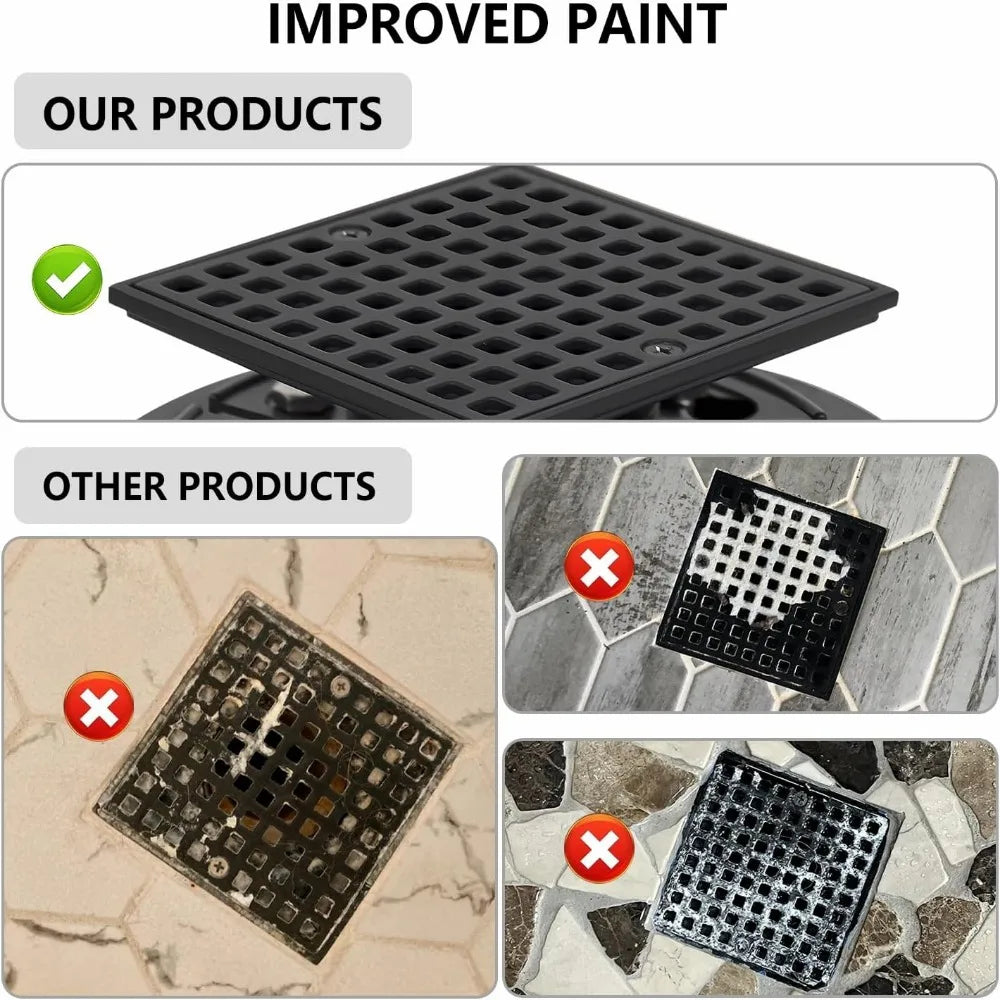 4 Inch Low-Profile Square Shower Drain Kit, Matte Black 304 Stainless Steel with ABS Flange