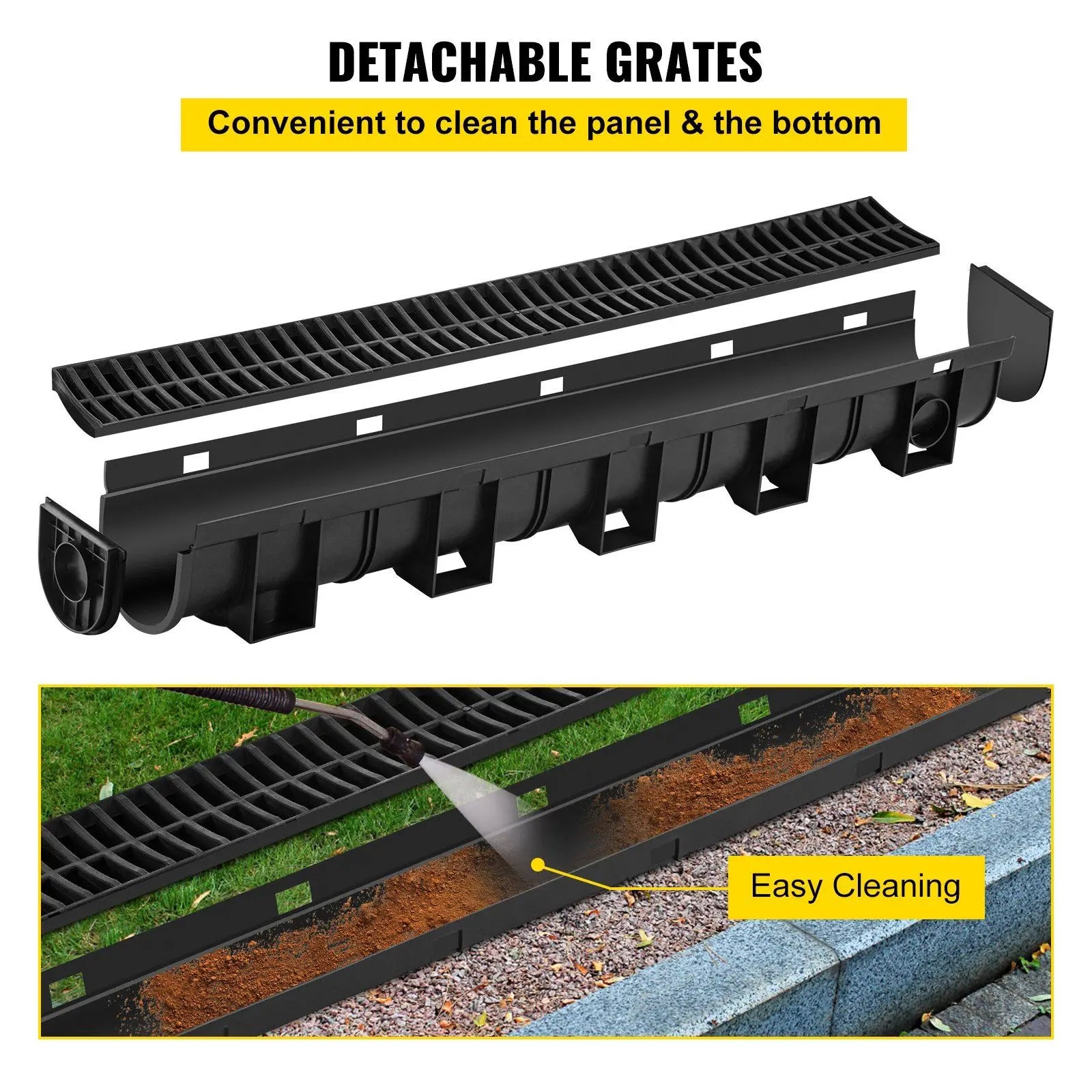 HDPE Trench Drain System 6x39 Inch with 6 End Caps, Black for Driveway and Garden