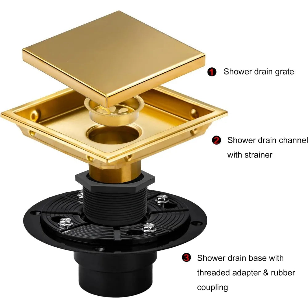 6 Inch Square Shower Drain, Brushed Gold 304 Stainless Steel with Flange