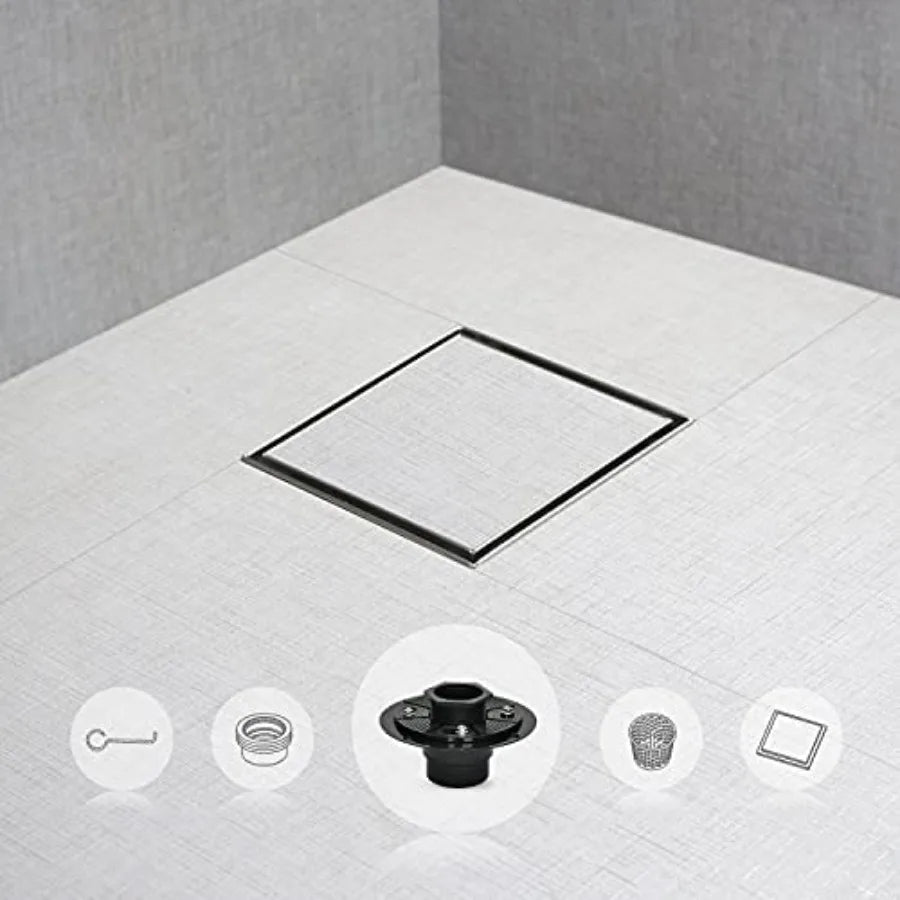 6 Inch Square Shower Drain with Tile Insert Stealth Cover, Stainless Steel