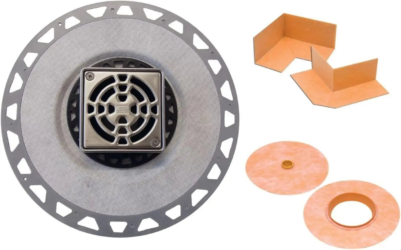 4 Inch Square Shower Drain Kit, PVC Body with Stainless Steel Grate and 2 Inch Outlet