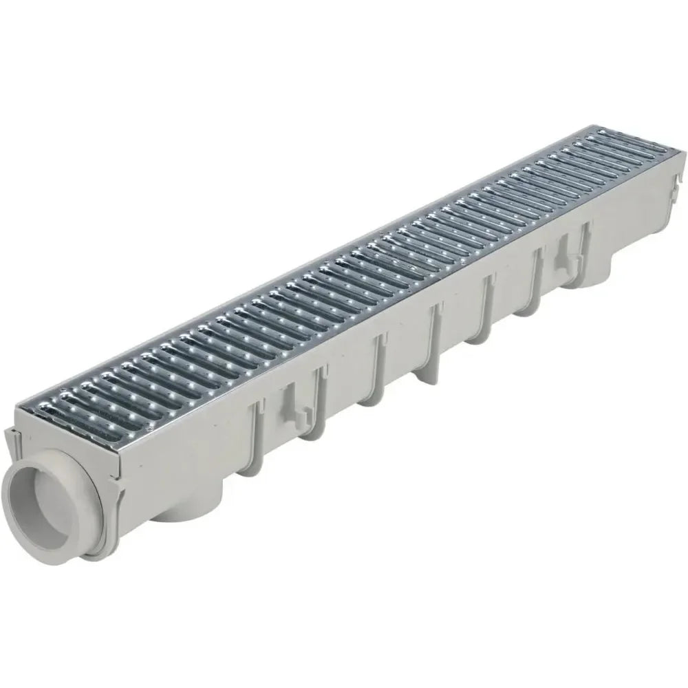 Deep Profile Channel Drain Kit 5 Inch with Galvanized Steel Grates, End Caps and Outlet, 39 In