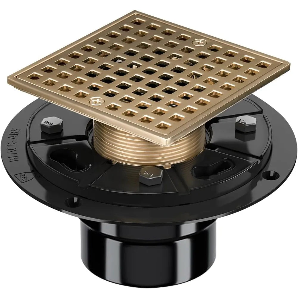 Square Gold Low-Profile Shower Drain Kit, 304 Stainless Steel with Hair Catcher for 2 or 3 Inch Pipe