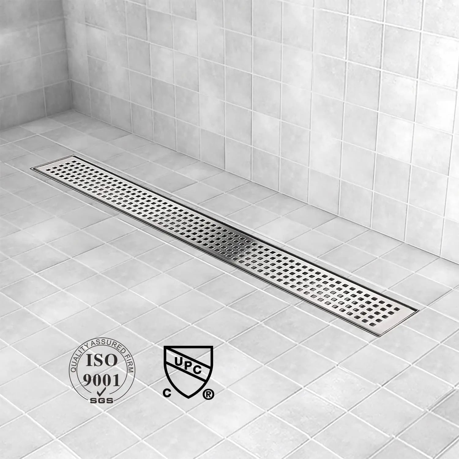 32 Inch Linear Shower Drain with Removable Grate and Adjustable Feet, Brushed Stainless