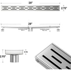 28 Inch Linear Shower Drain, Brushed Stainless Steel with Fast Drainage and Hair Strainer
