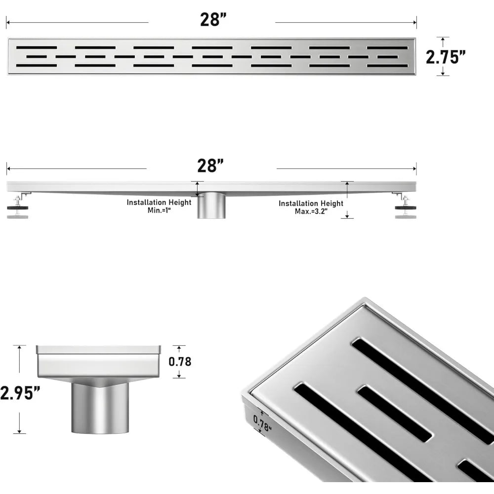 28 Inch Linear Shower Drain, Brushed Stainless Steel with Fast Drainage and Hair Strainer