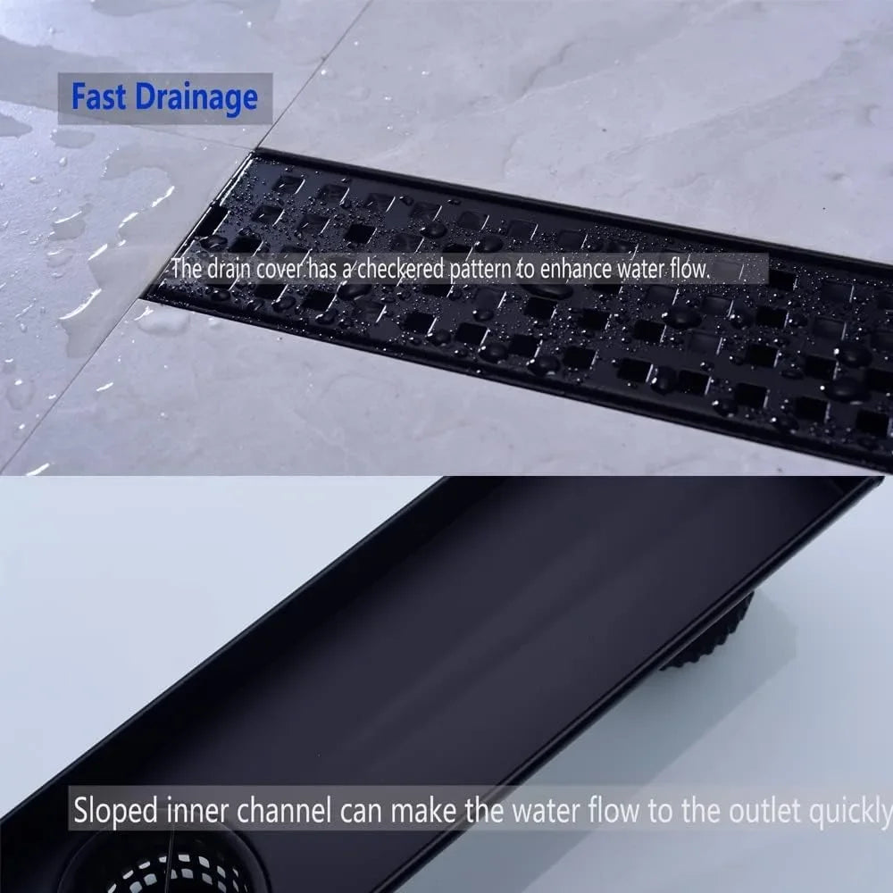 16 Inch Linear Shower Drain, Matte Black with Removable Grid, Adjustable Feet and Hair Strainer
