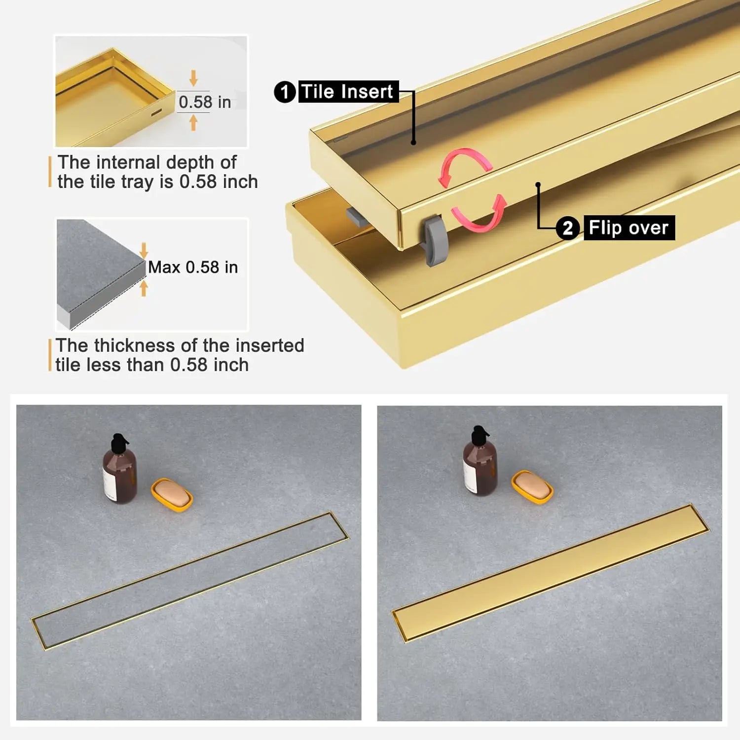 60 Inch Linear Shower Drain with Adjustable Feet, Hair Catcher and Tile Insert Panels
