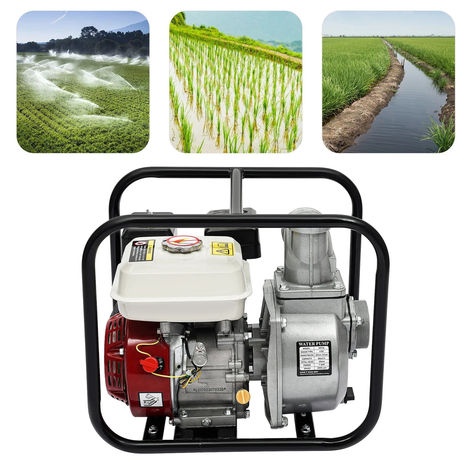 7.5 HP 4-Stroke Gasoline Water Transfer Pump, 1.18 In Suction for Farm Irrigation and Drainage