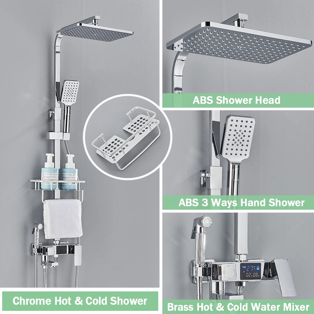 4-Way Thermostatic Shower Faucet with Digital Display and Shelf