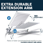 Rain Shower Head Combo 8–12 Inch with Adjustable Extension Arm and 3-Way Handheld Spray