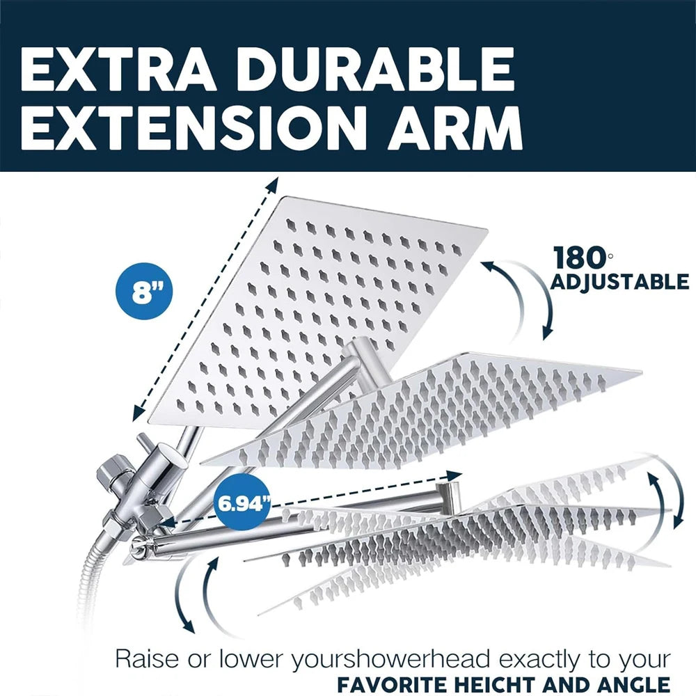 Rain Shower Head Combo 8–12 Inch with Adjustable Extension Arm and 3-Way Handheld Spray