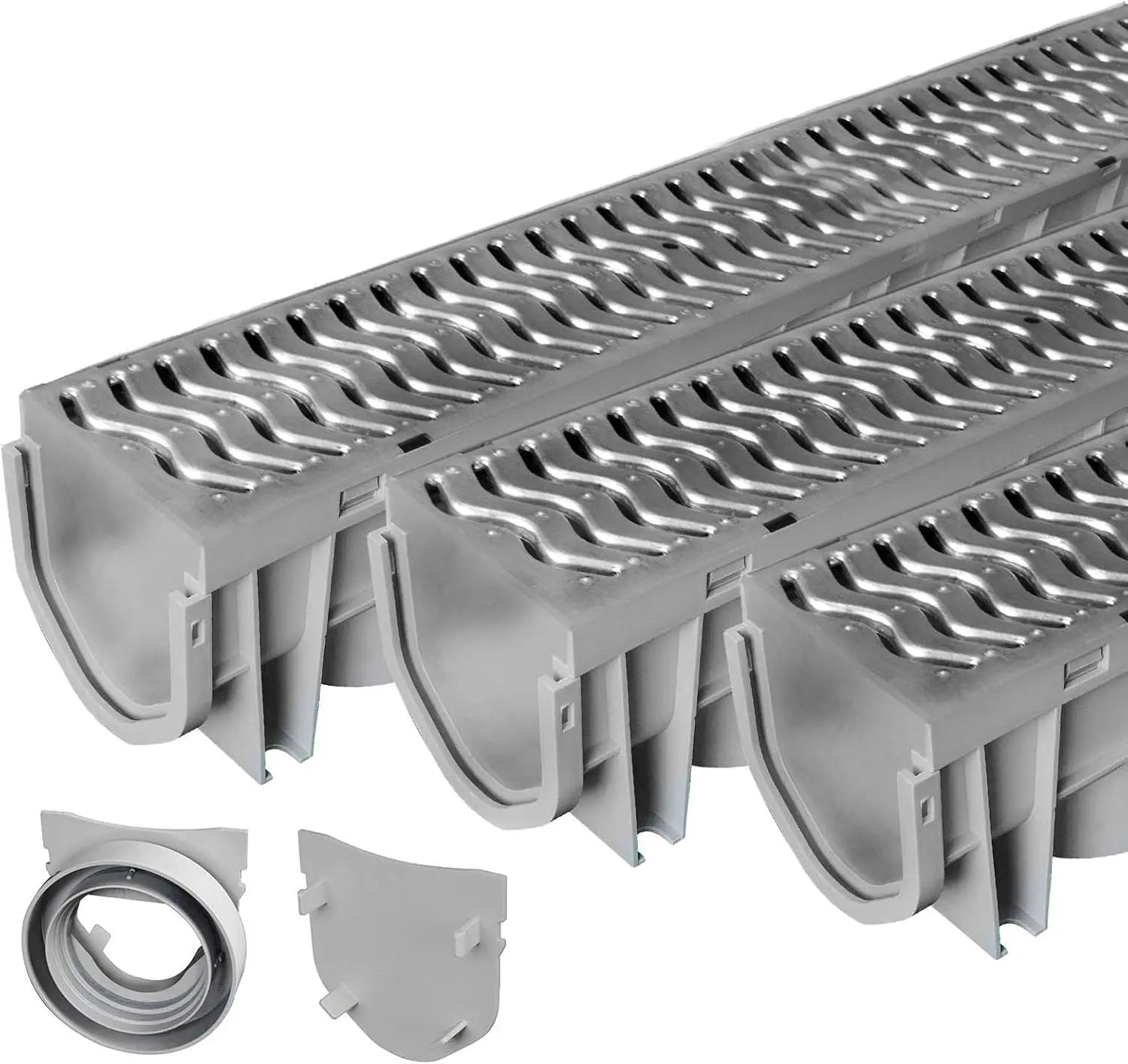 Heavy-Duty Channel Drain with Steel Grate, 3-Pack for Driveway and Trench Water Management