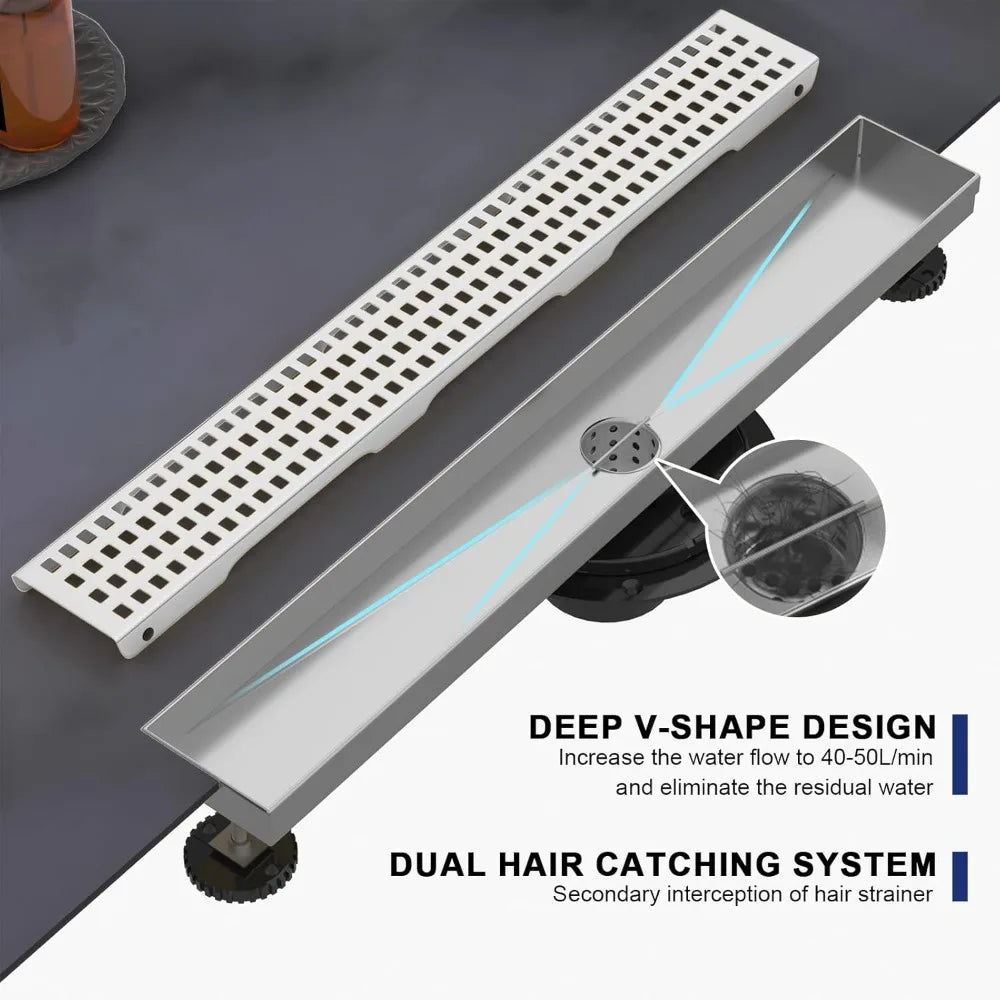 24 Inch Linear Shower Drain, Brushed Nickel Removable Grate and Adjustable Feet for Bathroom and Balcony
