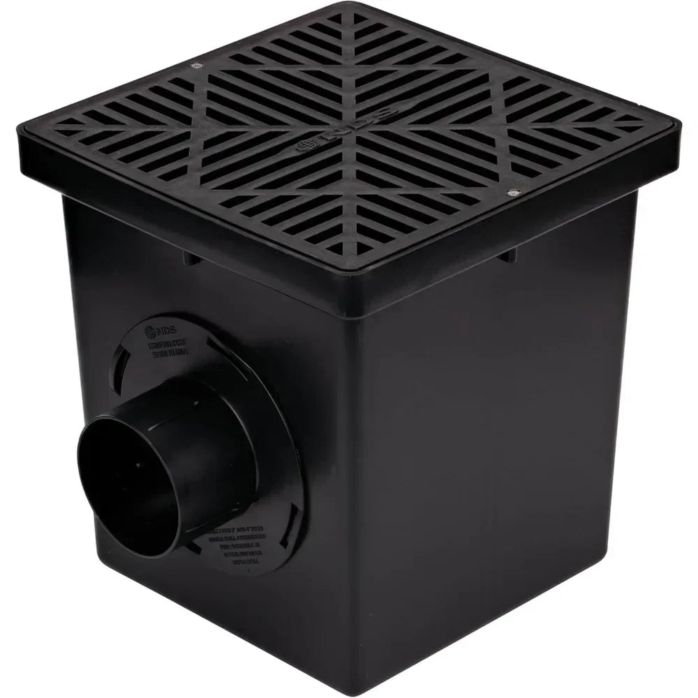 12 Inch Square Catch Basin Drain Kit with Two Openings, Adapters, Outlet Plug and Plastic Grate for Lawn