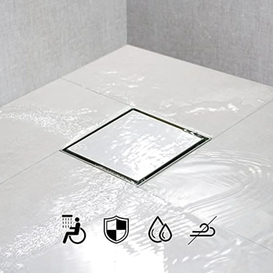 6 Inch Square Shower Drain with Tile Insert Stealth Cover, Stainless Steel