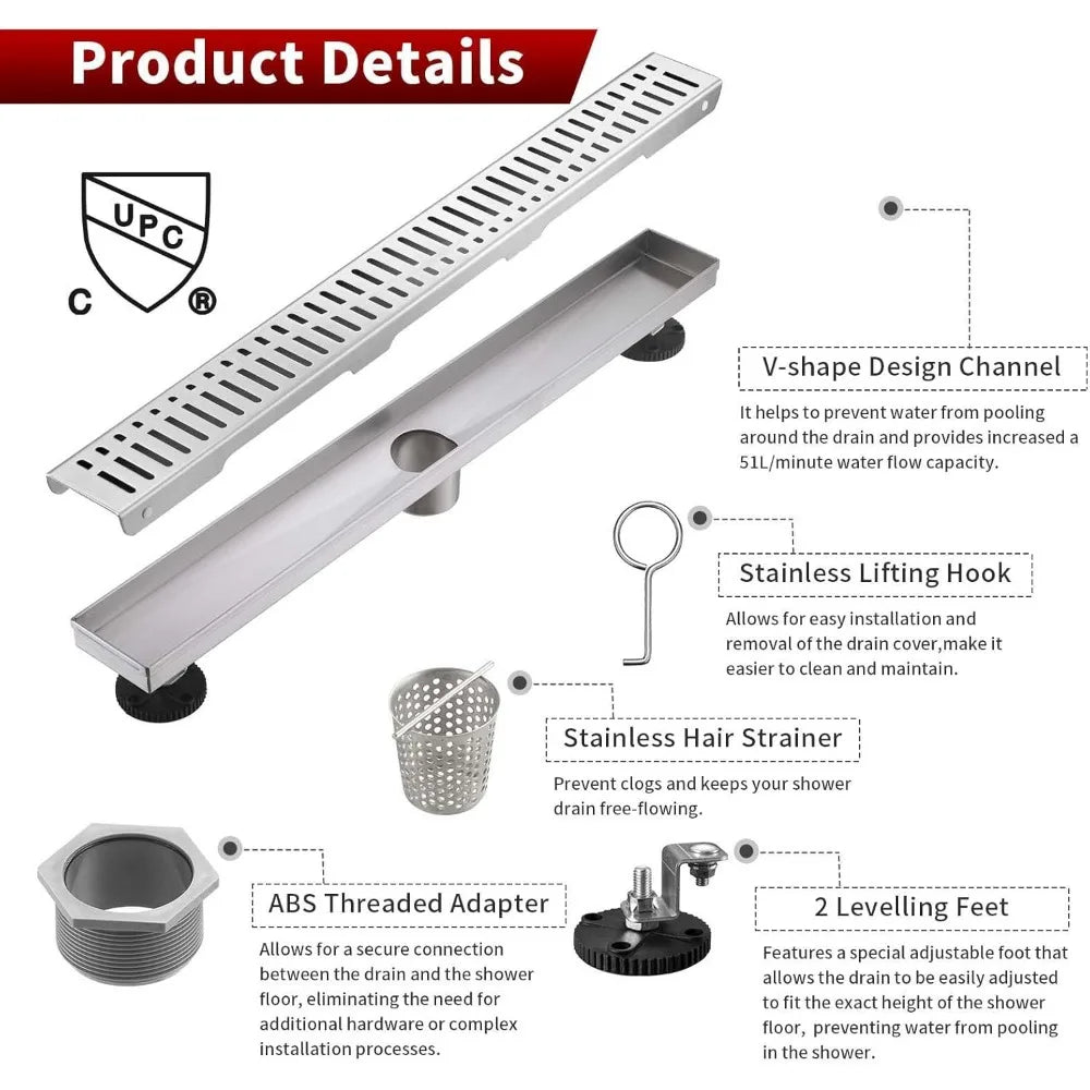 24 Inch Linear Shower Drain, Brushed Stainless Steel V-Shape Floor Drain, cUPC Certified