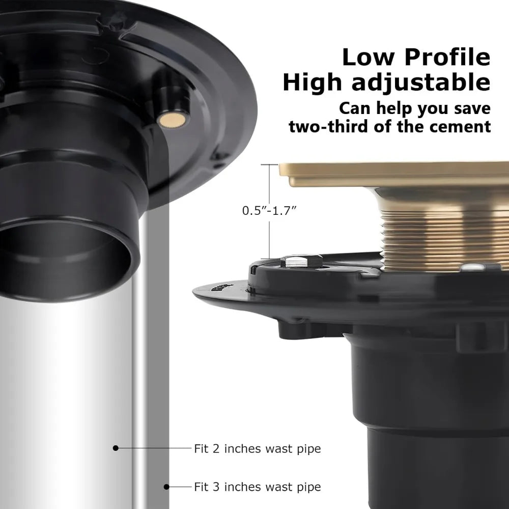 Square Gold Low-Profile Shower Drain Kit, 304 Stainless Steel with Hair Catcher for 2 or 3 Inch Pipe