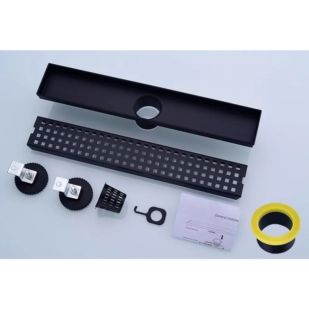 16 Inch Linear Shower Drain, Matte Black with Removable Grid, Adjustable Feet and Hair Strainer