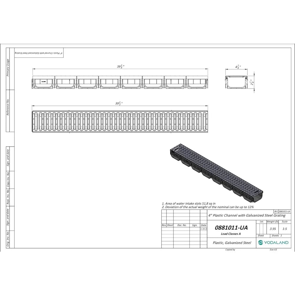 4 Inch Trench Drain Channel 39.4 In Sections with Galvanized Steel Grating, Set of 5