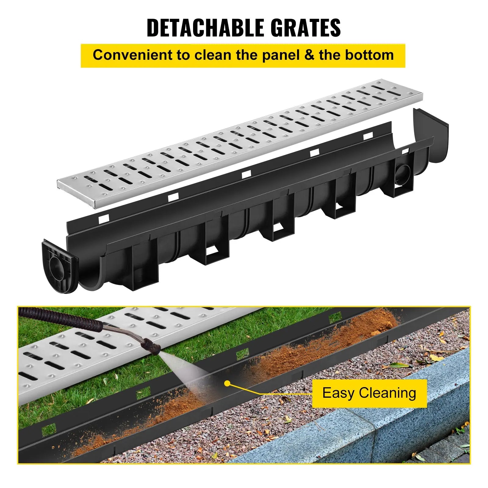 HDPE Trench Drain System 3x39 Inch with Metal Grate, 5.9x5.1 In Channel for Garage and Driveway