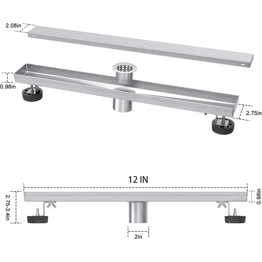 12 Inch Linear Shower Drain with Reversible Flat and Tile Insert Cover, Stainless Steel