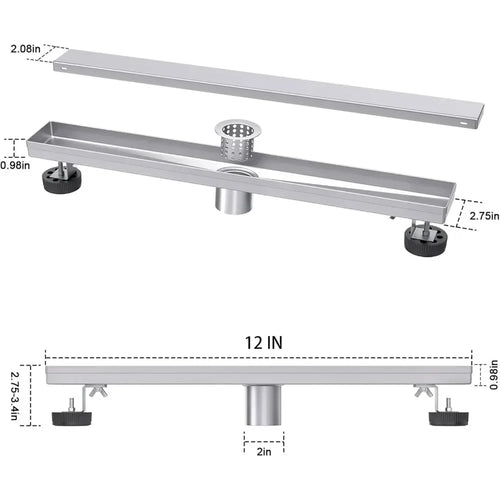 12 Inch Linear Shower Drain with Reversible Flat and Tile Insert Cover, Stainless Steel