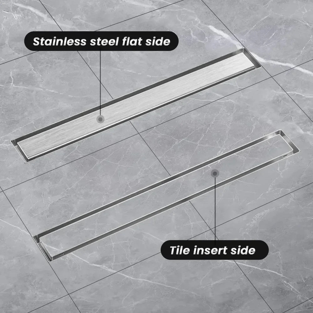 12 Inch Linear Shower Drain with Reversible Flat and Tile Insert Cover, Stainless Steel