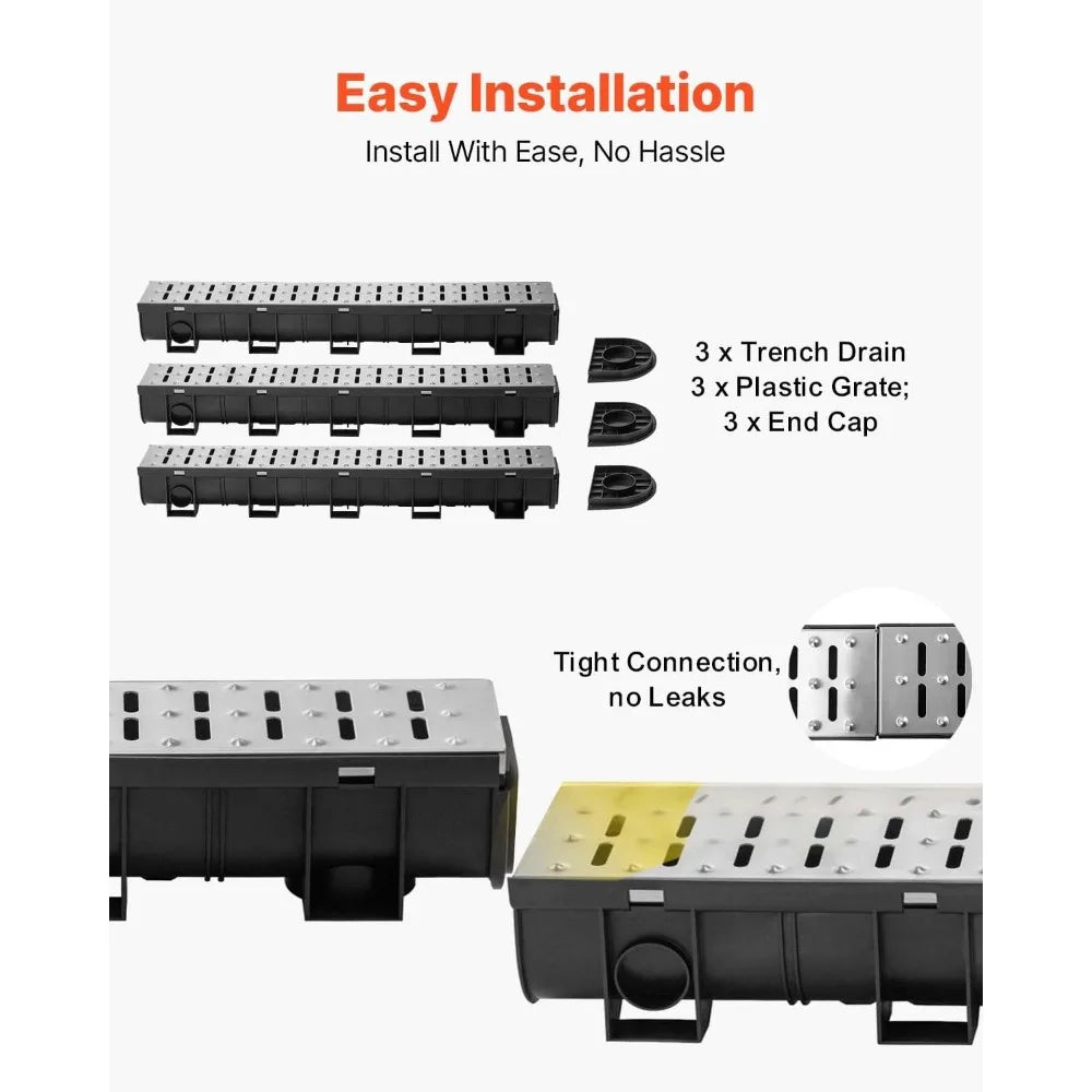 HDPE Trench Drain Kit 3-Pack, 5.9x5.1 In Channel with Metal Grate and End Caps, 39 In Each