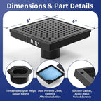 6 Inch Square Shower Drain, Matte Black with Grid Cover and Hair Strainer, cUPC Certified