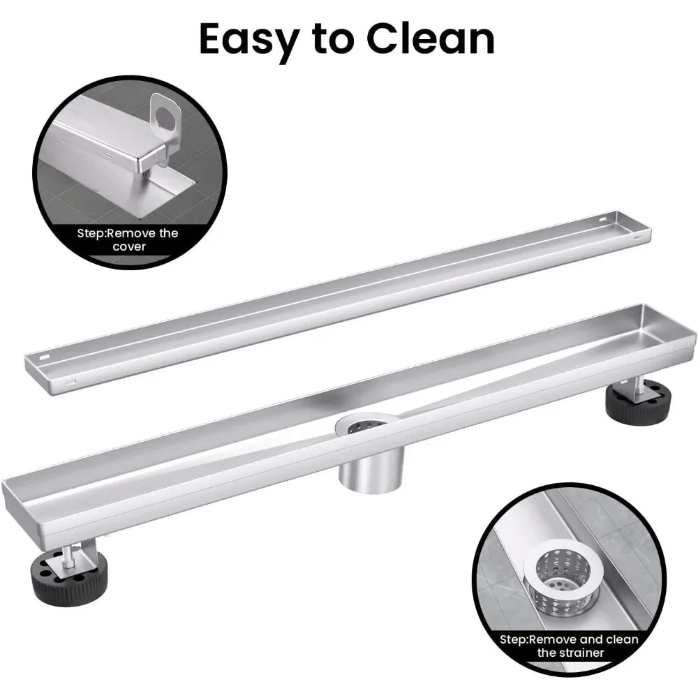 12 Inch Linear Shower Drain with Reversible Flat and Tile Insert Cover, Stainless Steel