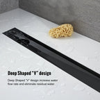 36 Inch Linear Shower Drain, Matte Black Side Outlet with Tile Insert and Hair Strainer