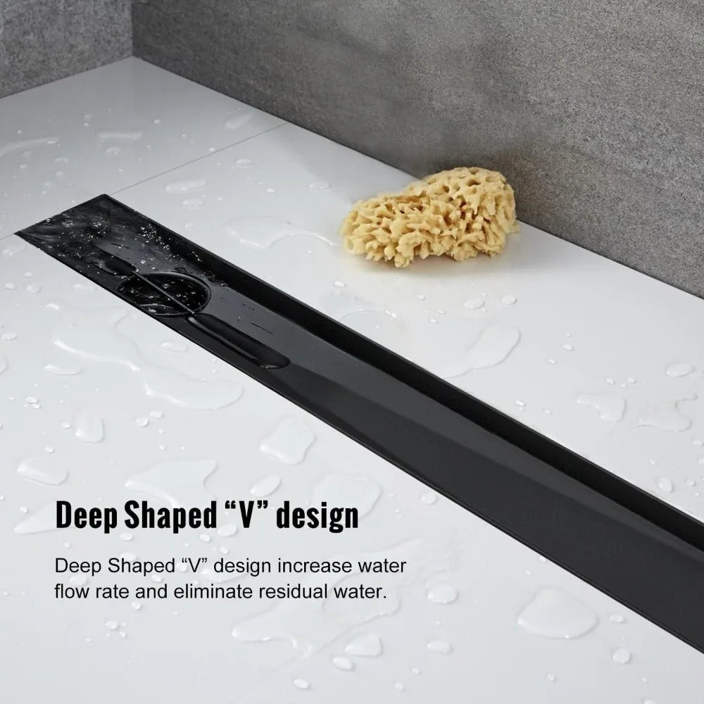 36 Inch Linear Shower Drain, Matte Black Side Outlet with Tile Insert and Hair Strainer