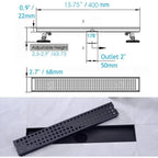 16 Inch Linear Shower Drain, Matte Black with Removable Grid, Adjustable Feet and Hair Strainer