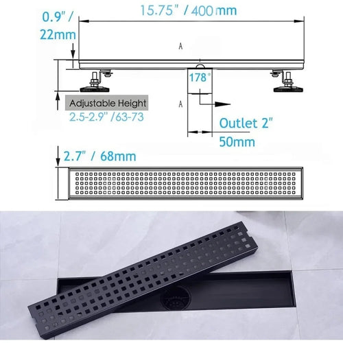 16 Inch Linear Shower Drain, Matte Black with Removable Grid, Adjustable Feet and Hair Strainer